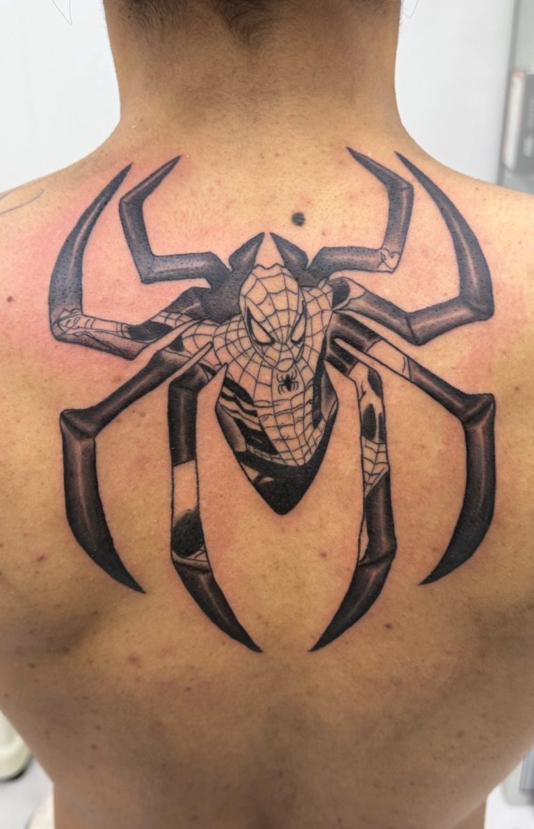 Tattoo of a large spider on a person's back, featuring a detailed web design.